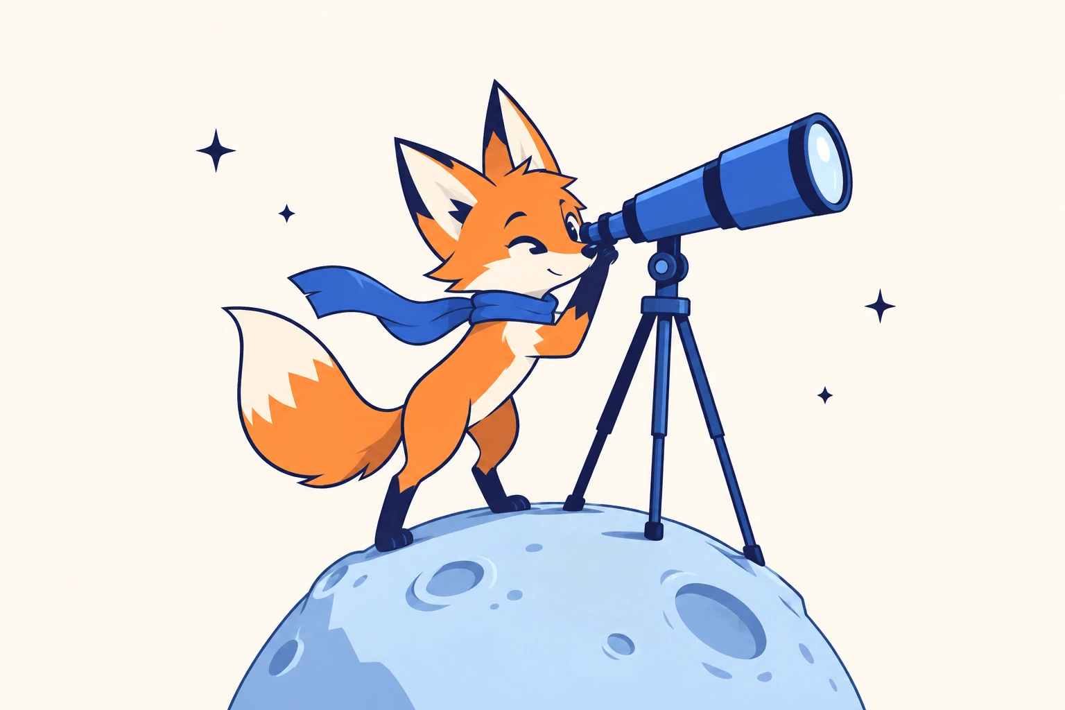 A curious fox looking through a blue telescope from a tiny planet