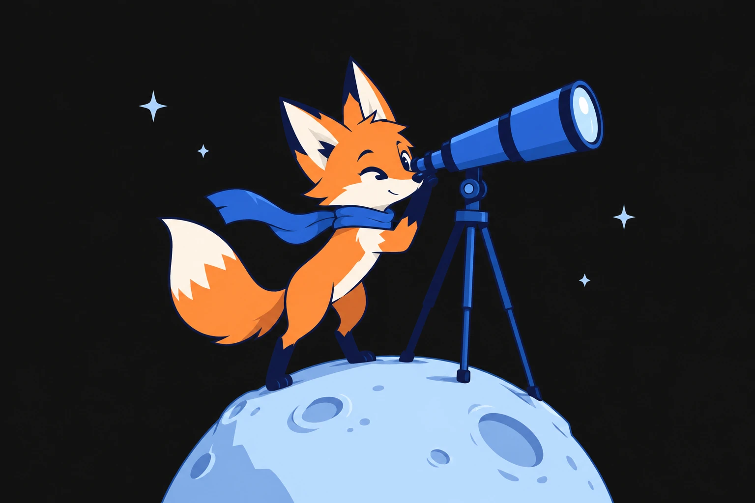 The Openprep fox looking through a blue telescope under a night sky